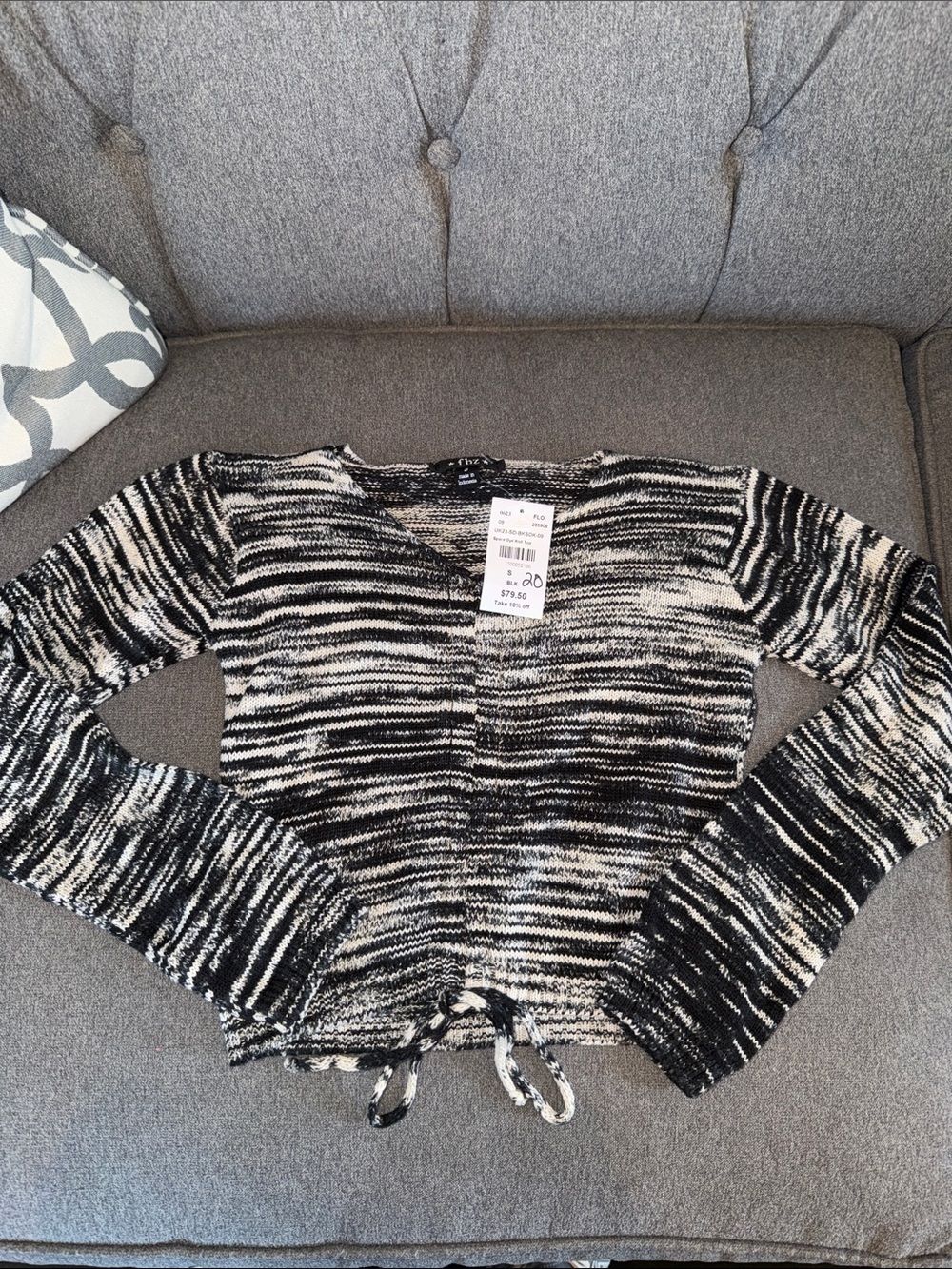 Black & White Striped Knit Sweater with Drawstring Hem